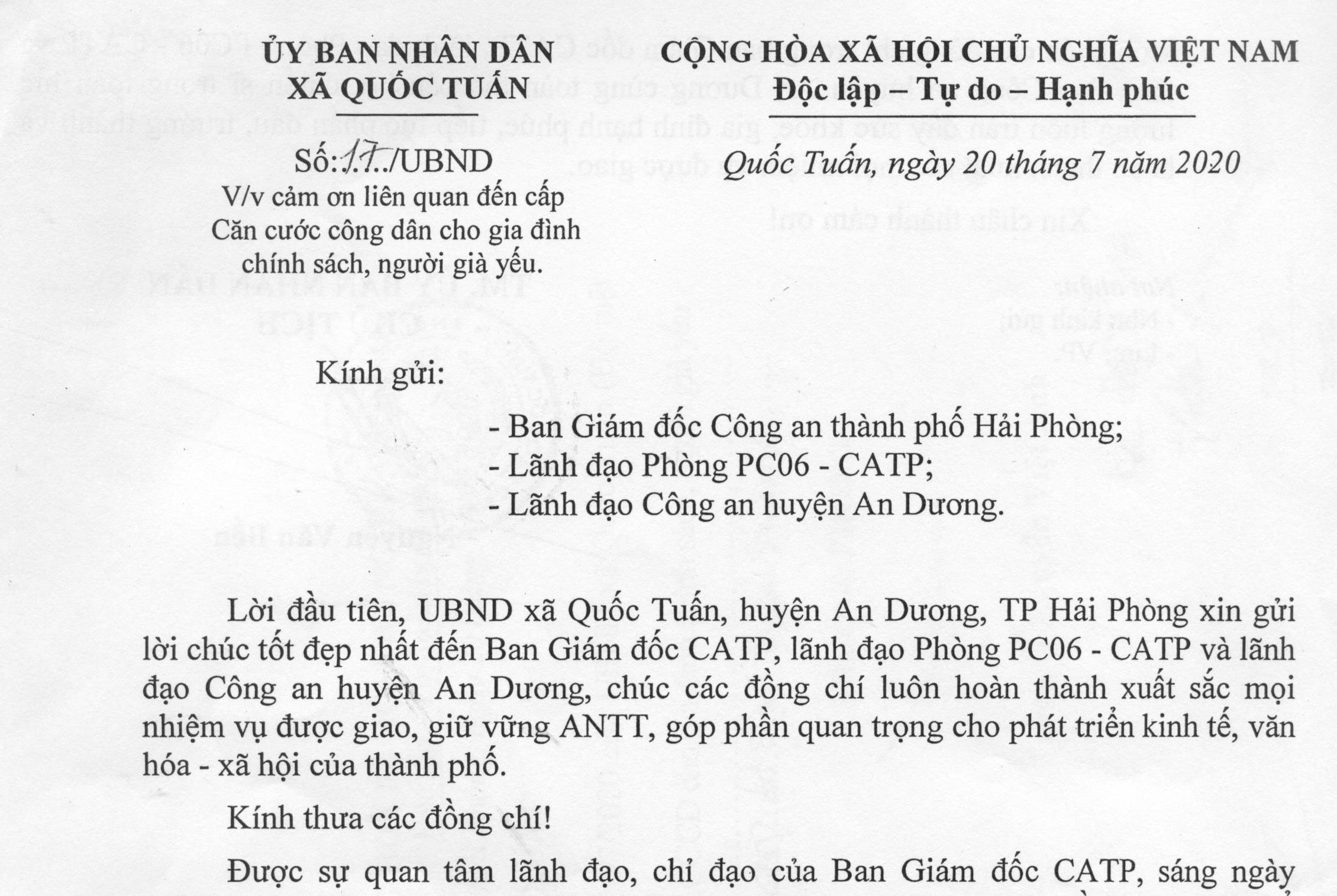 UBND xã Quốc Tuấn (An Dương) gửi thư cảm ơn 